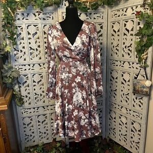 LuLu’s SIMPLY LOVELY SOFT LAVENDER MAUVE & WHITE FLOWERS LONG SLEEVE MIDI DRESS